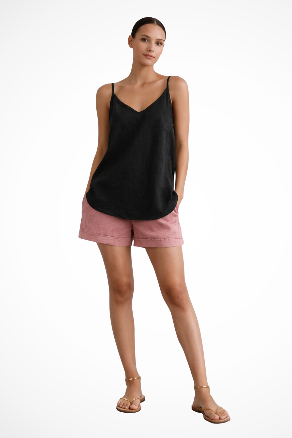 Women's basic spaghetti strap tank top, a relaxed summer top for casual layering & everyday wear.