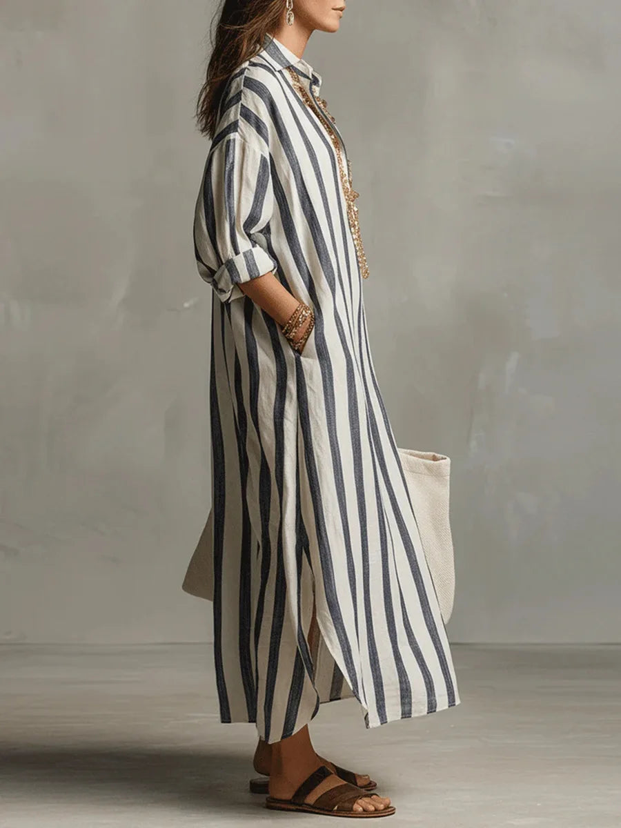 Chic striped V-neck maxi shirt dress for women, ideal for relaxed summer days or a vacation.