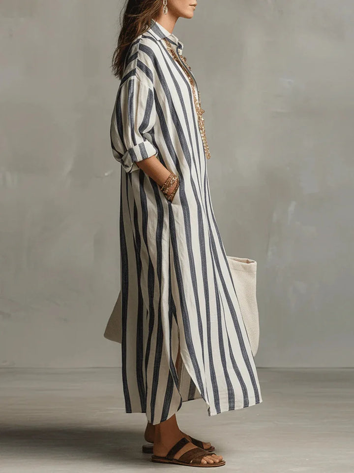 Chic striped V-neck maxi shirt dress for women, ideal for relaxed summer days or a vacation.