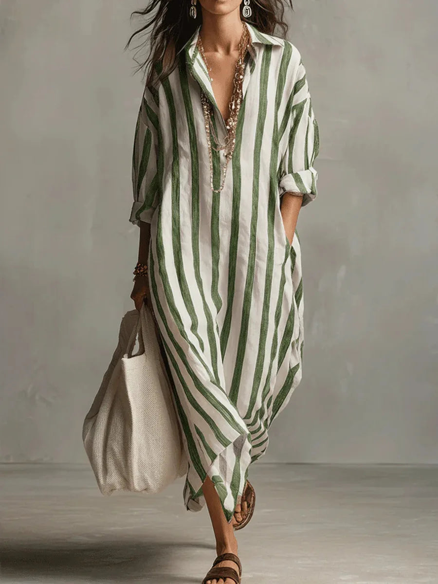 Stylish women's V-neck striped maxi shirt dress, featuring a relaxed silhouette for effortless summer fashion.