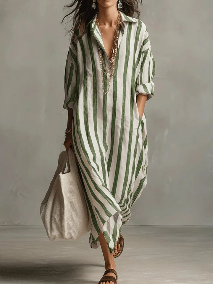 Stylish women's V-neck striped maxi shirt dress, featuring a relaxed silhouette for effortless summer fashion.