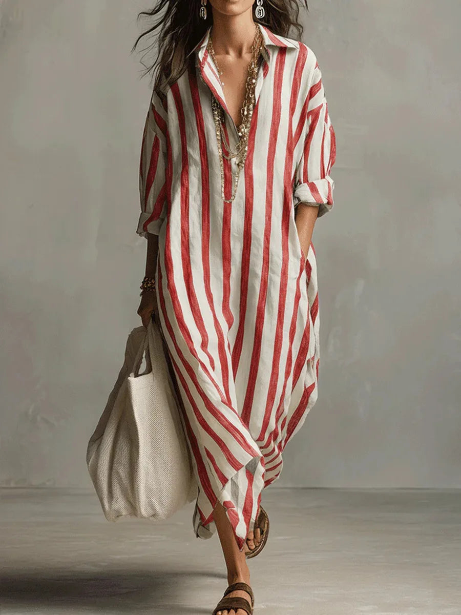 Women's striped V-neck maxi shirt dress, a relaxed fit long dress suitable for casual and vacation wear.