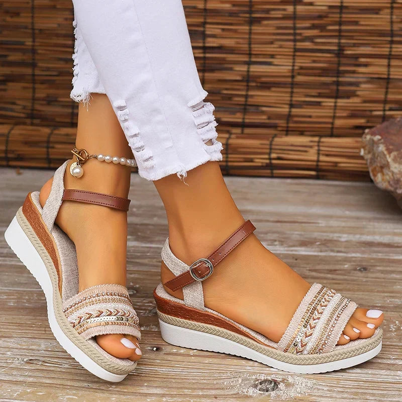 Boho chic women's summer sandals, perfect for beach wear, walking & vacation. Comfortable flat design.