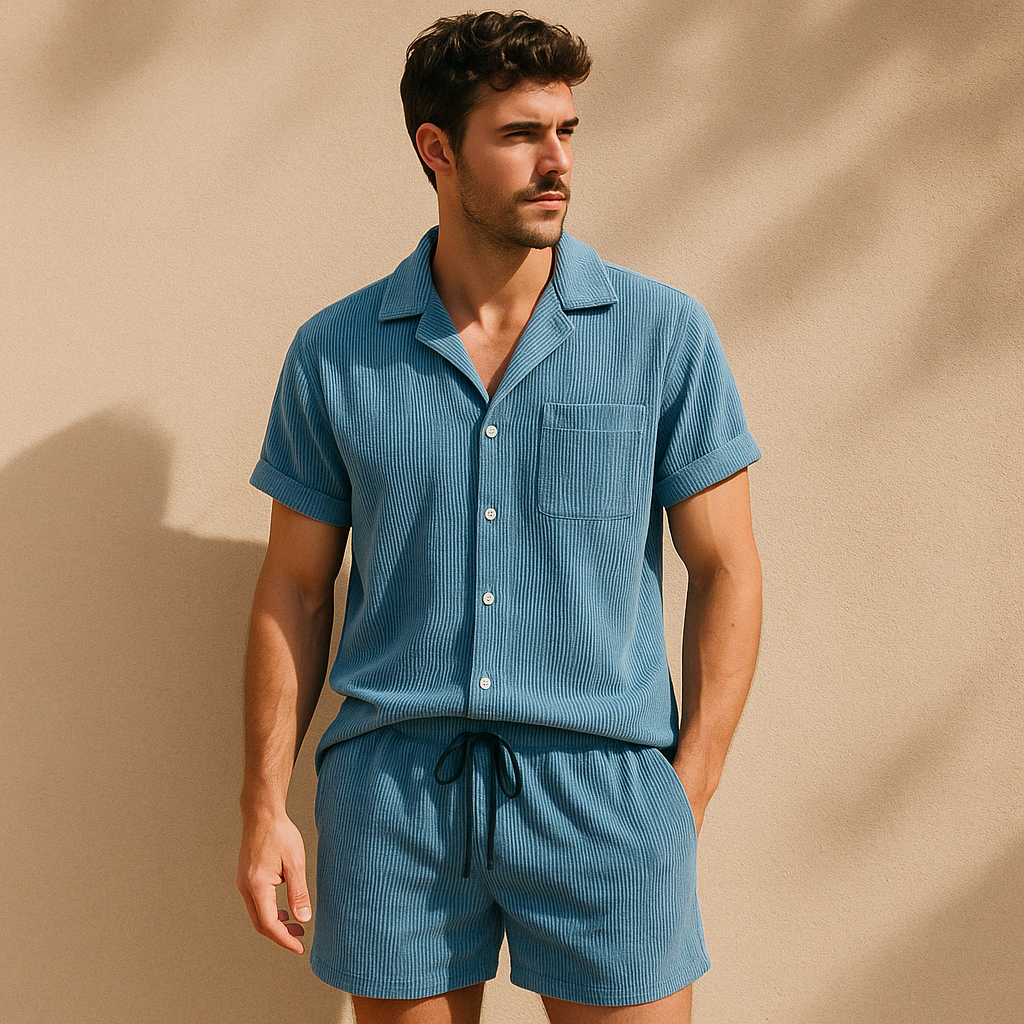Women's relaxed two-piece cabana lounge set with shorts, perfect for summer vacation & resort wear.