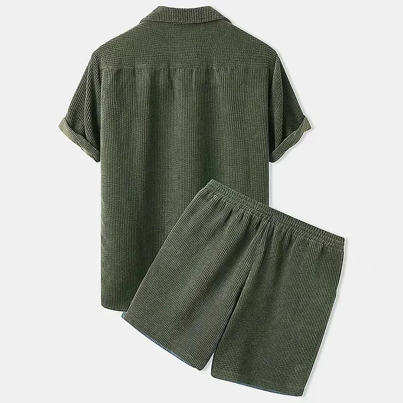 Women's comfy cabana lounge set. Relaxed fit two-piece shorts outfit, great for vacation or everyday wear.