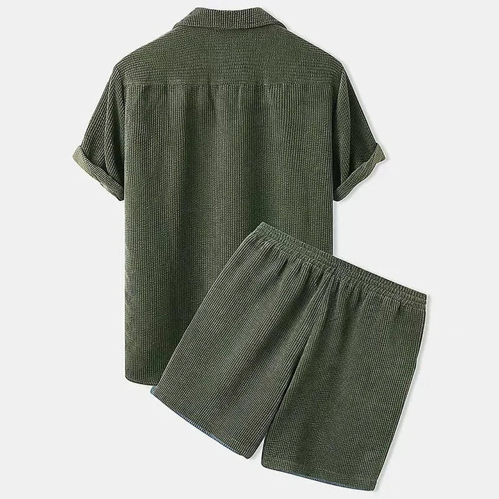 Women's comfy cabana lounge set. Relaxed fit two-piece shorts outfit, great for vacation or everyday wear.