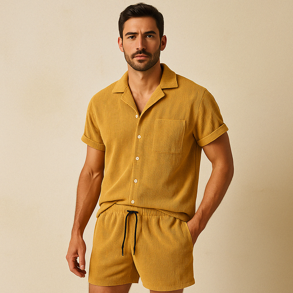 Stylish women's relaxed two-piece set for summer. Soft shorts and top, ideal for lounge, resort & casual.