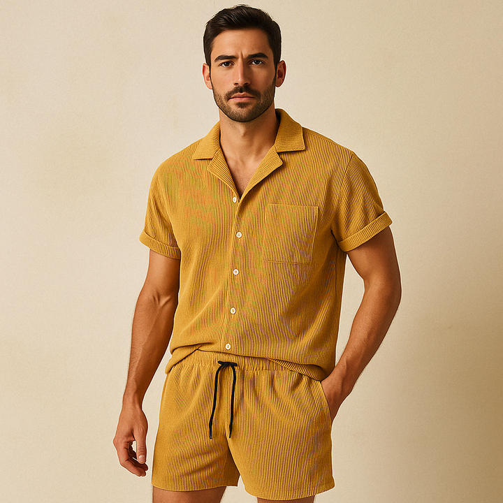 Stylish women's relaxed two-piece set for summer. Soft shorts and top, ideal for lounge, resort & casual.