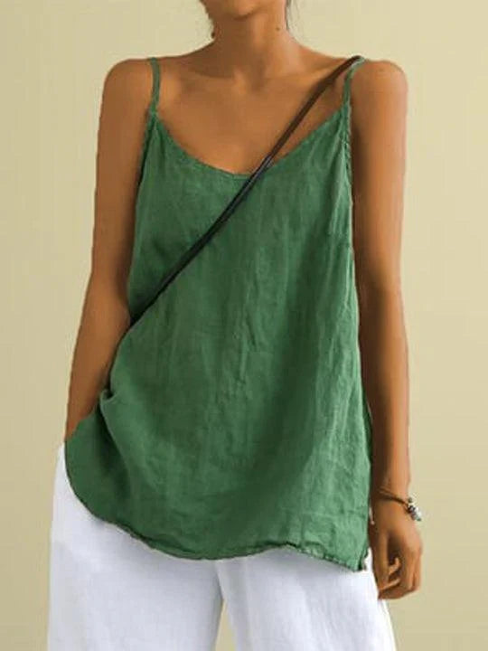 Chic women's V-neck cami, relaxed fit, ideal for versatile casual outfits or stylish vacation wear. Sleeveless.