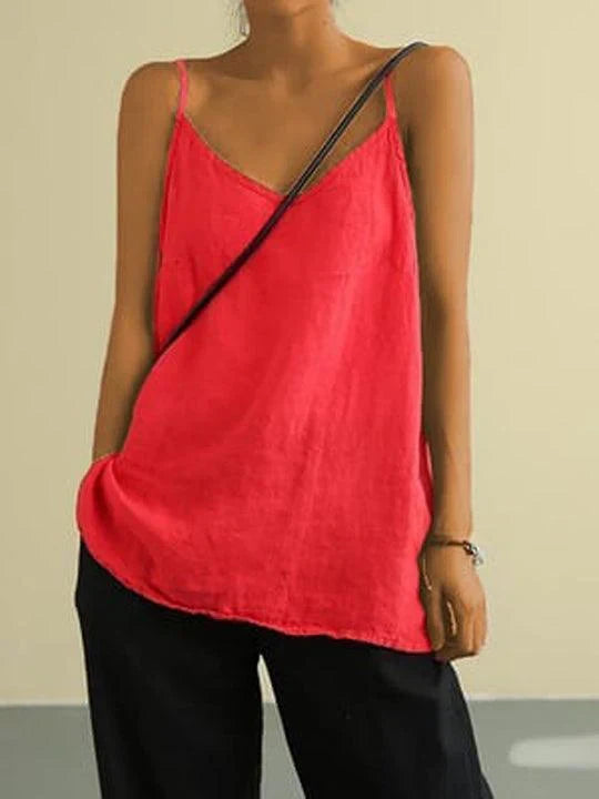Minimalist women's relaxed V-neck cami top, sleeveless, offers everyday comfort & chic style for summer fashion.
