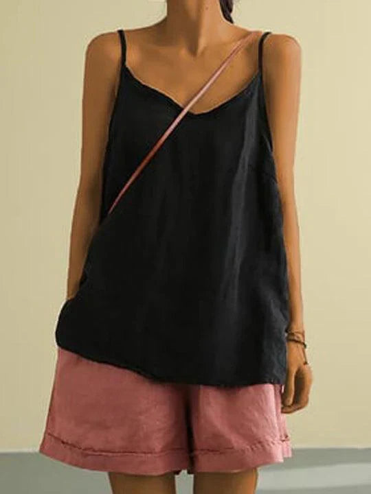 Relaxed fit V-neck cami for women, sleeveless, perfect as a versatile summer top or comfortable vacation essential.