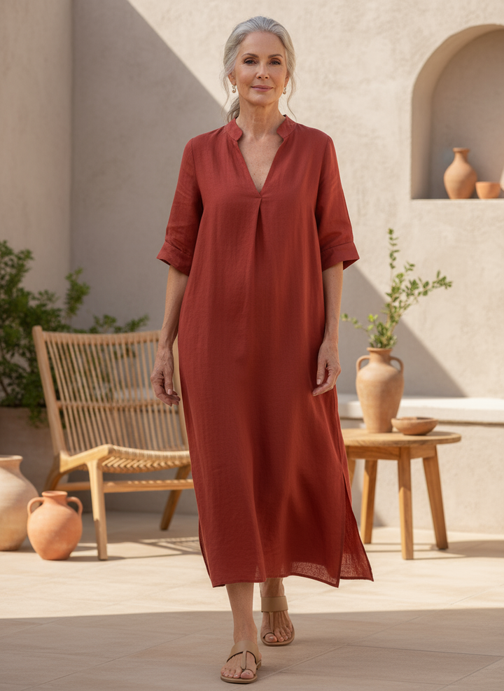 Women's relaxed V-neck maxi dress, perfect for effortless casual summer style & everyday comfort.