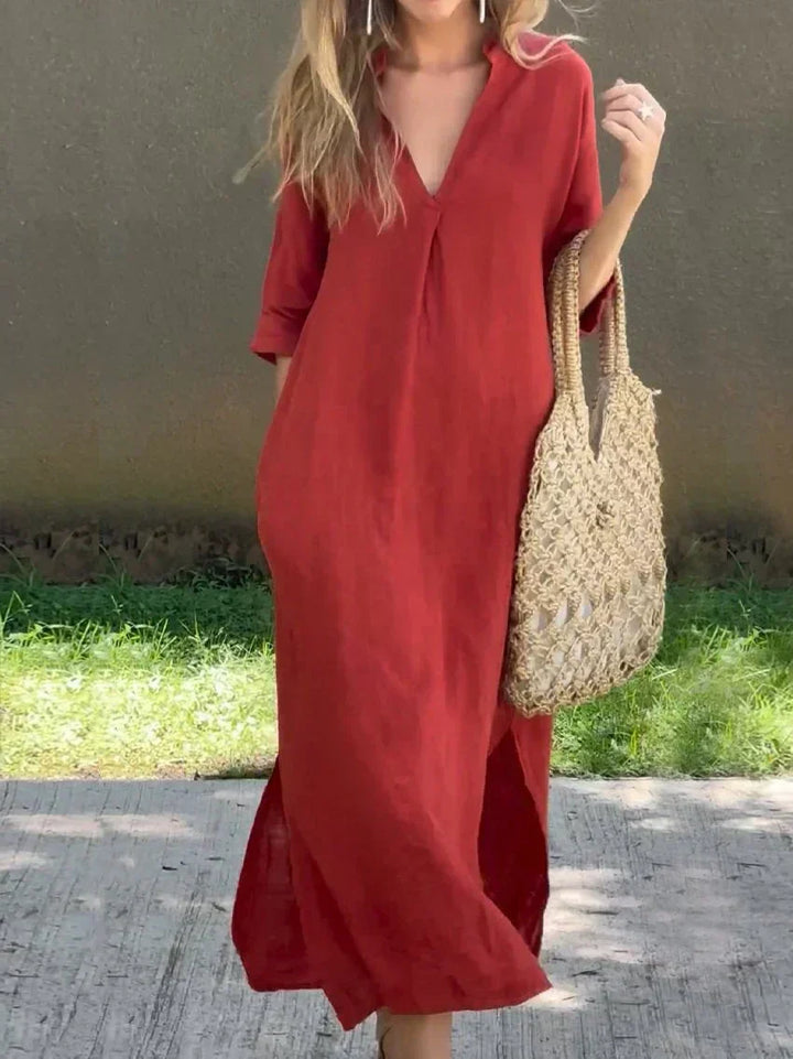 Flowy V-neck long dress for women, ideal for vacation wear, travel, and stylish summer outfits.