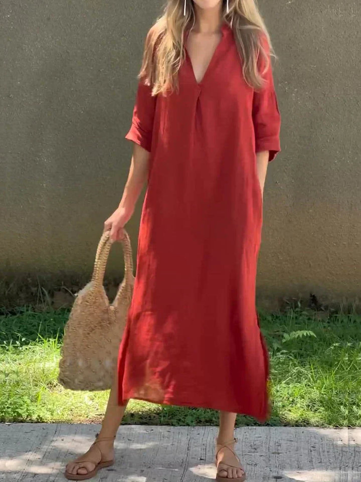 Chic women's relaxed fit maxi dress in a versatile V-neck design, great for brunch or casual wear.