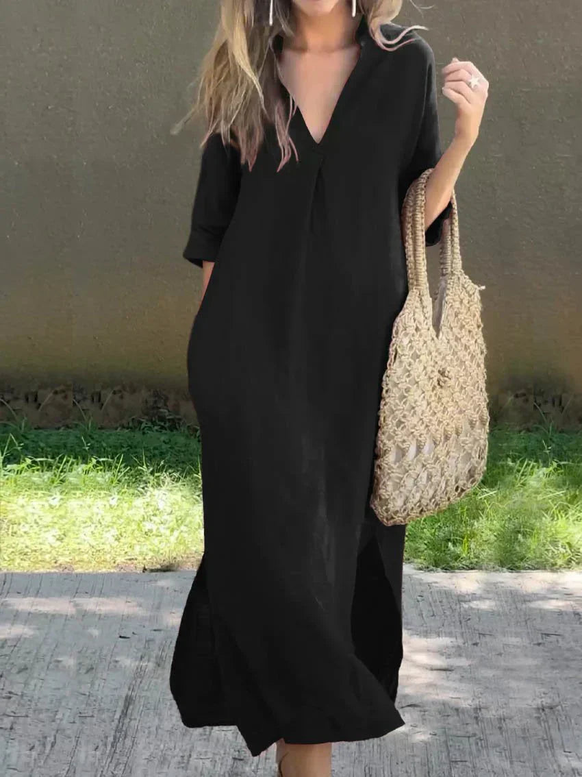Effortless women's V-neck maxi dress, a perfect casual outfit for summer, travel & vacation.