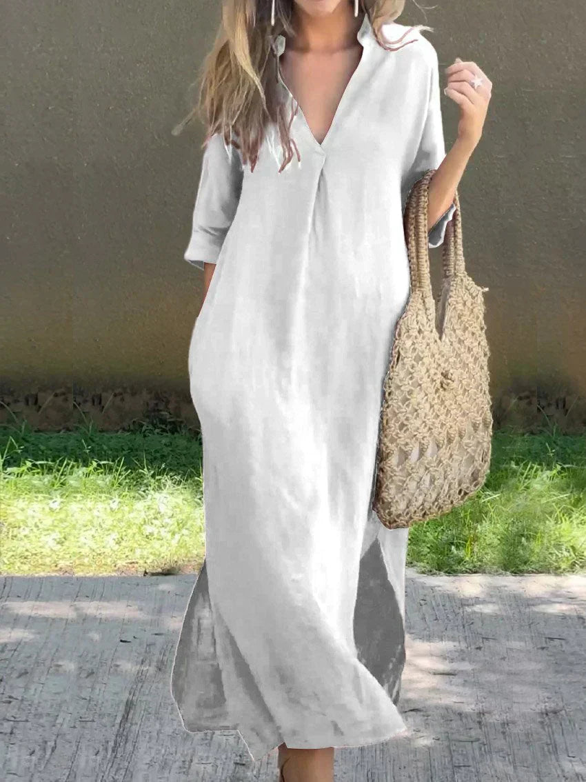 Relaxed fit women's maxi dress with a flattering V-neck, designed for versatile chic summer style.