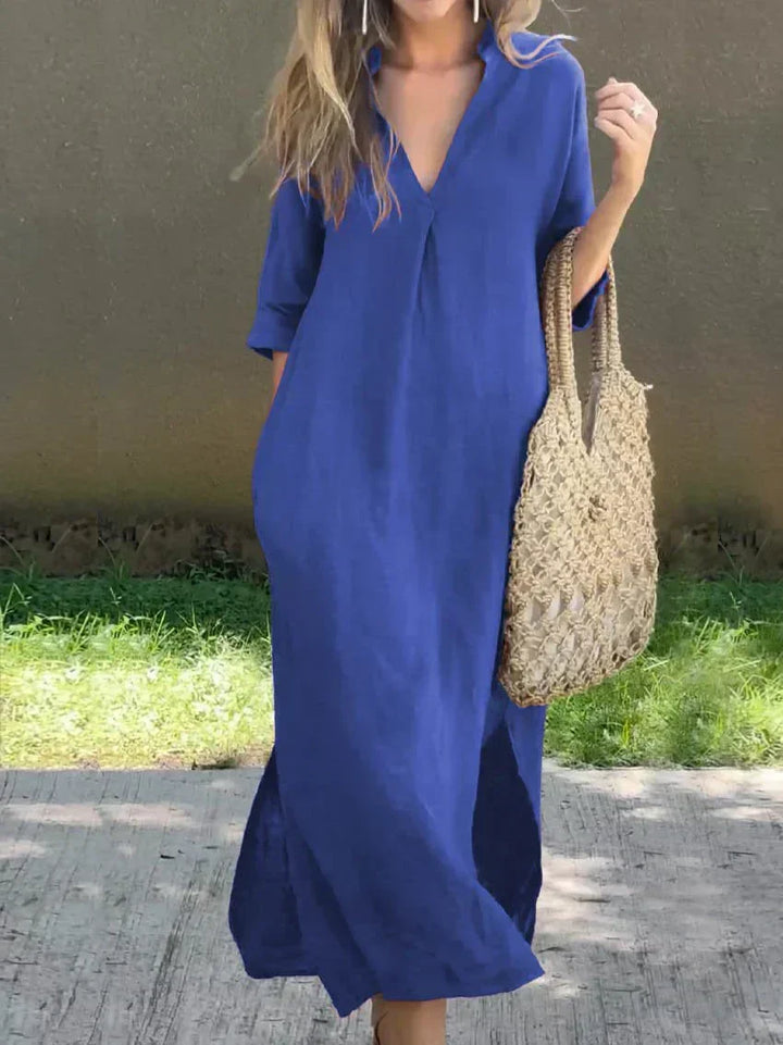 Comfortable women's long flowy V-neck maxi dress, essential for summer fashion and relaxed outings.