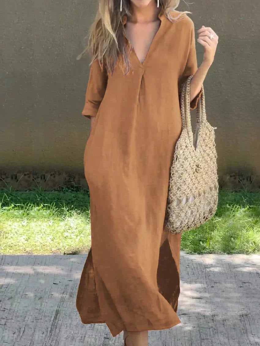 Travel-friendly women's relaxed V-neck maxi dress for easy packing and stylish vacation wear.