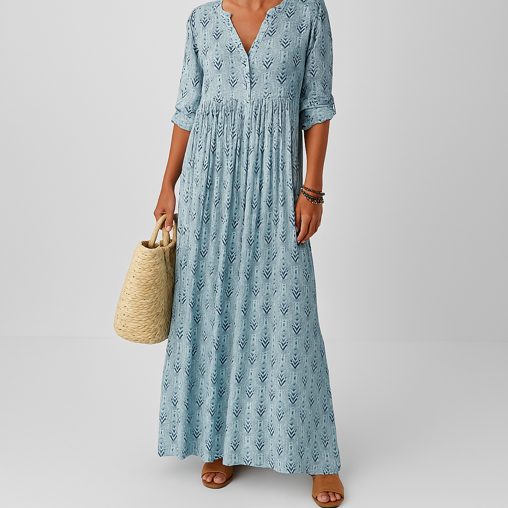 Women's relaxed V-neck maxi dress with all-over boho print, perfect for summer casual and festival wear.