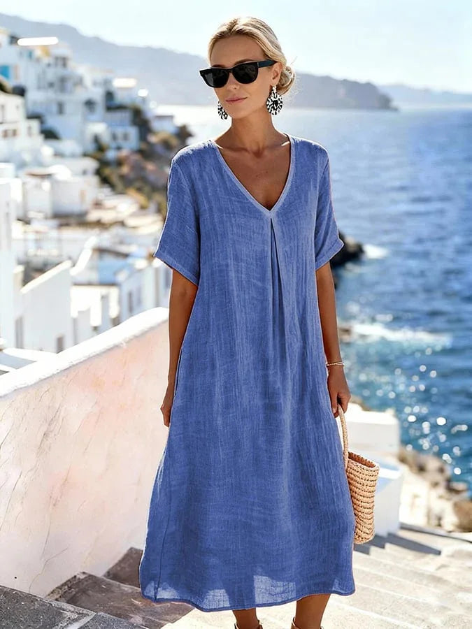 Easy-wear women's V-neck midi dress, relaxed fit, short sleeves. Ideal casual summer dress.