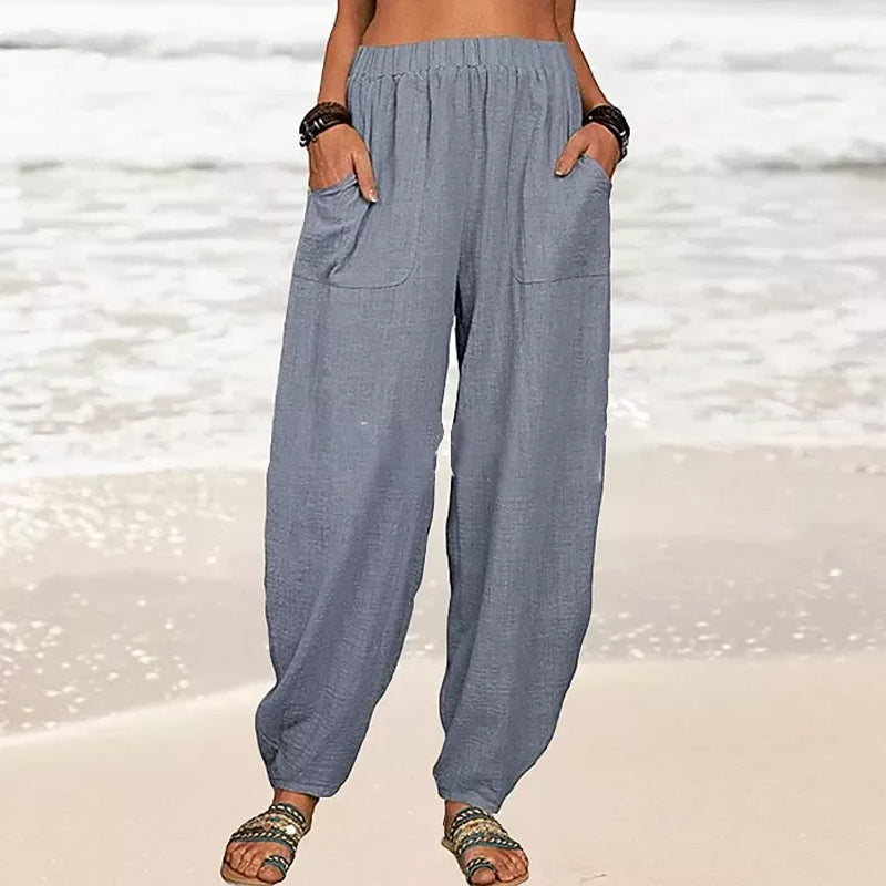 Stylish women's relaxed wide-leg pants for beach days, offering ultimate summer comfort.