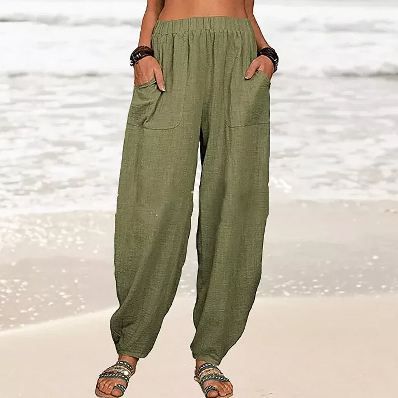 Lightweight women's wide-leg beach pants for summer, providing comfort and a relaxed fit.