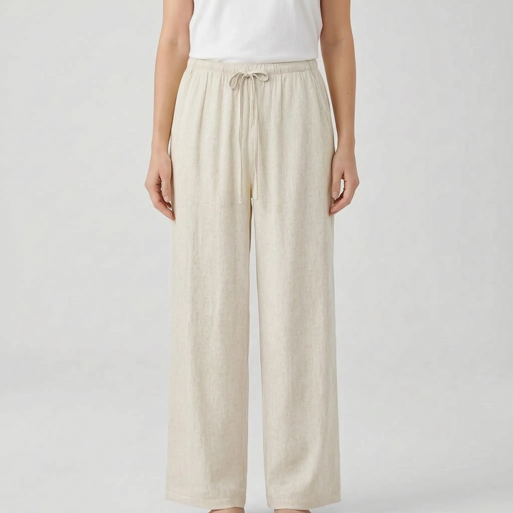High-waisted wide-leg summer pants for women. Comfortable, solid color, relaxed fit, and ideal for vacations.