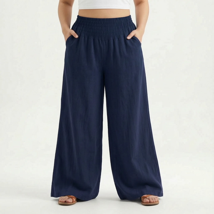 Women's relaxed wide-leg summer pants, comfortable, flowy, and perfect as beachwear or casual trousers.