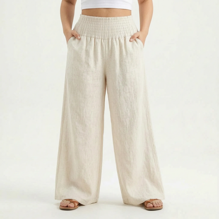 Stylish women's wide-leg summer pants in a relaxed fit, great for casual elegance & comfort.