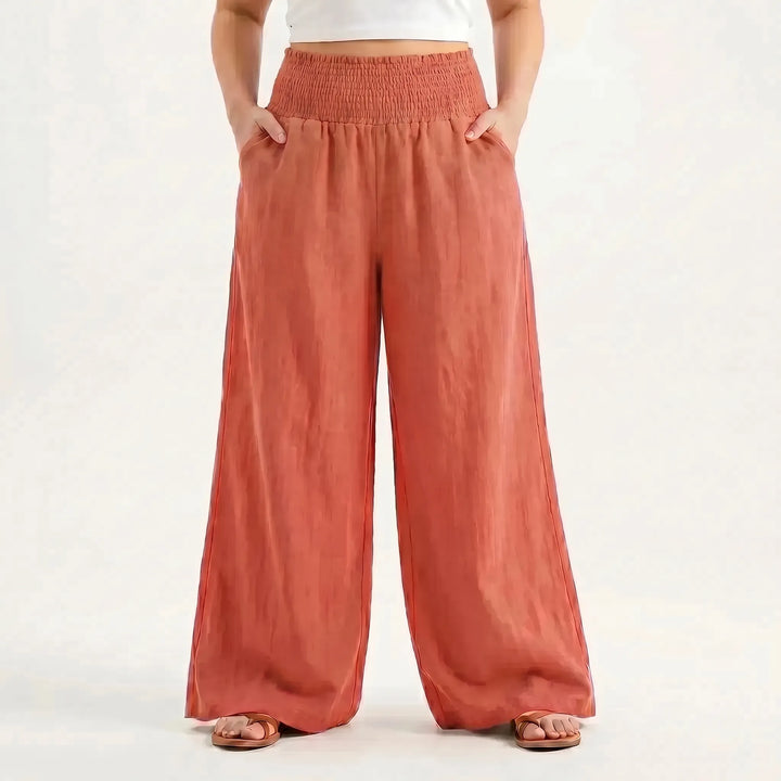 Lightweight women's wide-leg summer pants with an elastic waist, essential for hot weather fashion.