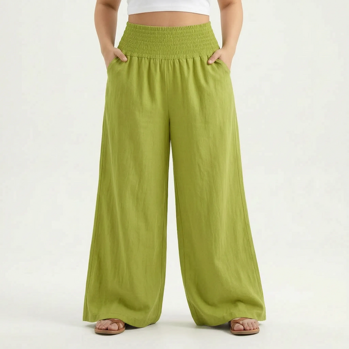 Women's wide-leg summer pants featuring a comfortable elastic waist and relaxed, flowy silhouette.