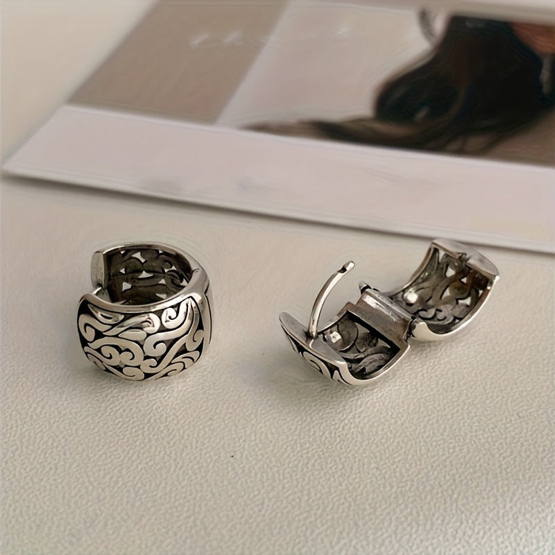 Unique Relic sterling silver engraved hoop earrings, featuring an oxidized antique finish for a vintage appeal.