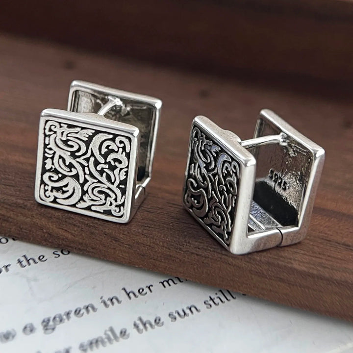 Hypoallergenic sterling silver engraved hoop earrings, vintage-inspired for women, with an antique finish.