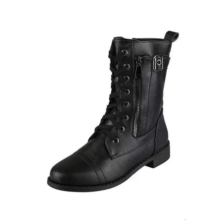 Stylish women's mid-calf buckle boots, perfect for an edgy, combat, or punk look.