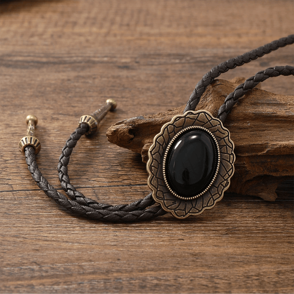 Statement tribal bolo tie for women, handcrafted with genuine leather, turquoise, and onyx. A unique accessory.