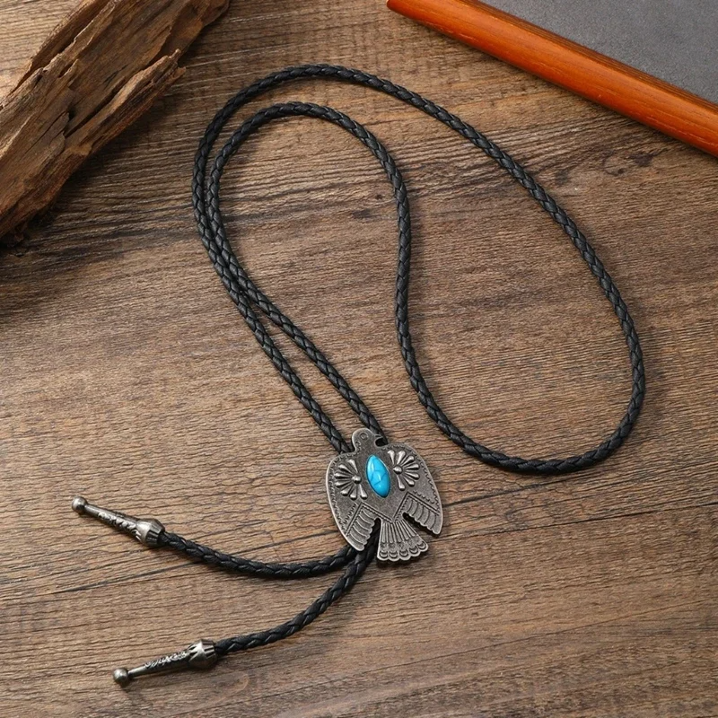 Women's tribal bolo tie: genuine leather cord necklace adorned with vibrant turquoise & dark onyx detailing.