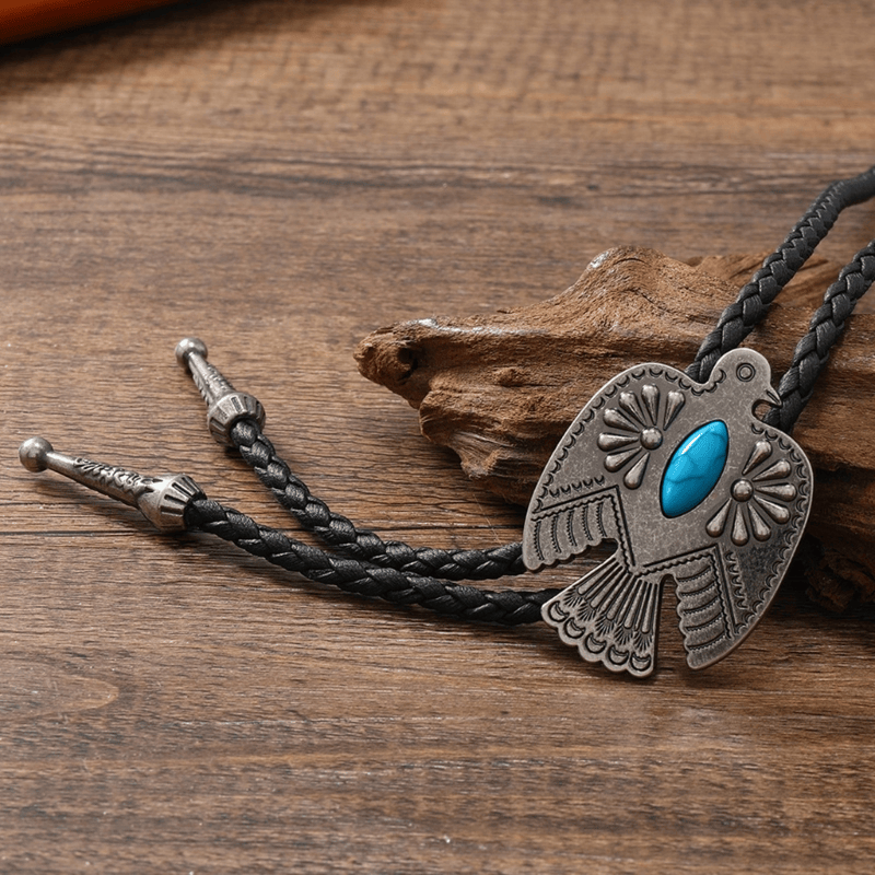 Bohemian tribal bolo tie, a women's handcrafted leather necklace featuring captivating turquoise & onyx stones.