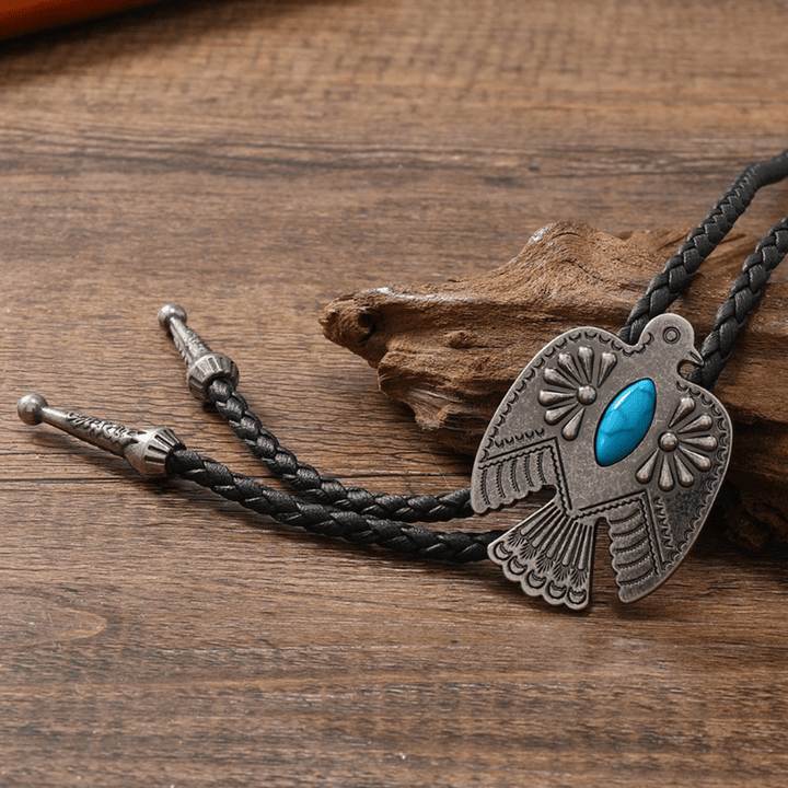 Bohemian tribal bolo tie, a women's handcrafted leather necklace featuring captivating turquoise & onyx stones.