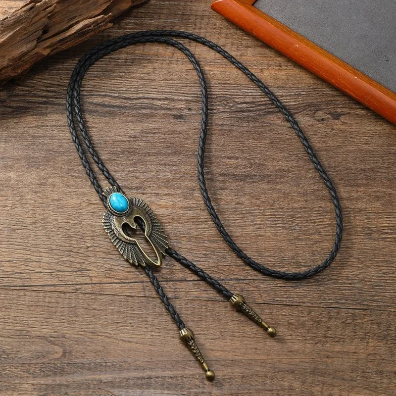 Authentic tribal design bolo tie, a women's western accessory made with premium leather, turquoise & onyx.