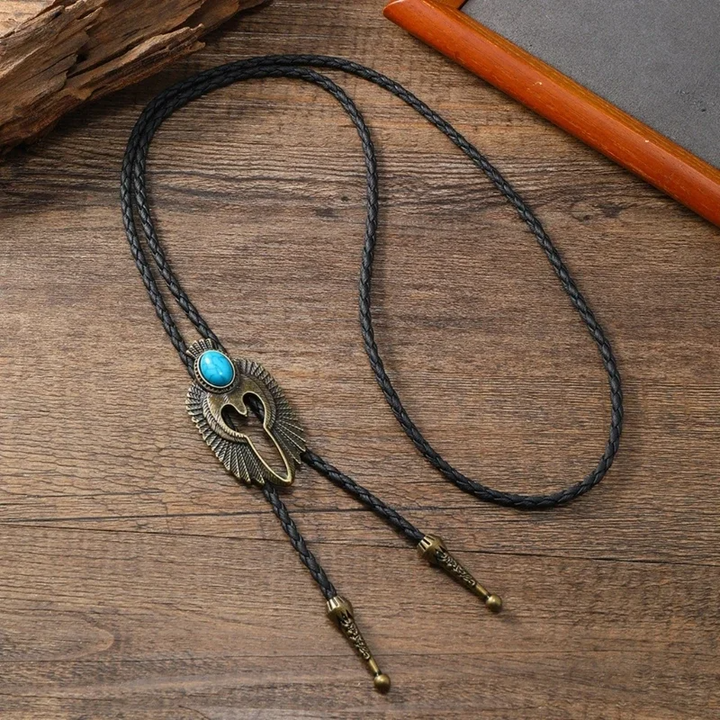 Authentic tribal design bolo tie, a women's western accessory made with premium leather, turquoise & onyx.