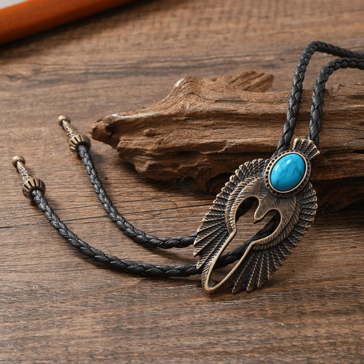 Unique women's Renegade bolo tie, a tribal leather necklace with turquoise & onyx for a bold bohemian style.
