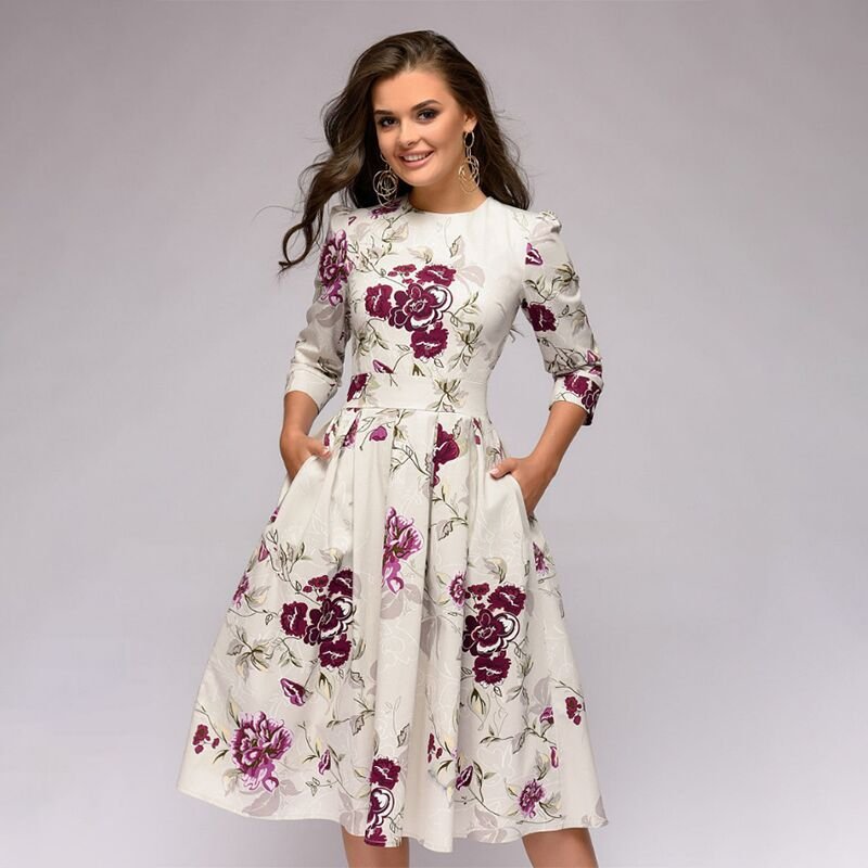 Women's retro A-line midi dress with 3/4 sleeves. Elegant & flattering for office or party.
