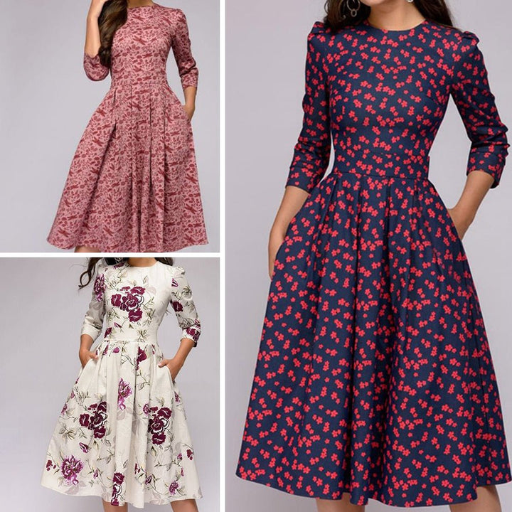 Distinctive retro 3/4 sleeve midi dress. Flattering A-line silhouette, ideal for office or party wear.