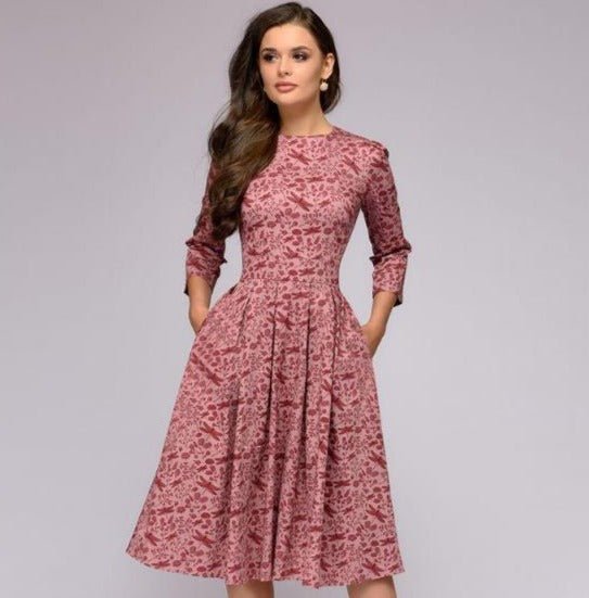 Flattering A-line midi dress for women. Retro style with comfortable 3/4 sleeves.