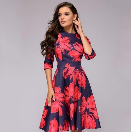Chic solid color women's midi dress. Retro A-line with 3/4 sleeves, ideal for versatile styling.