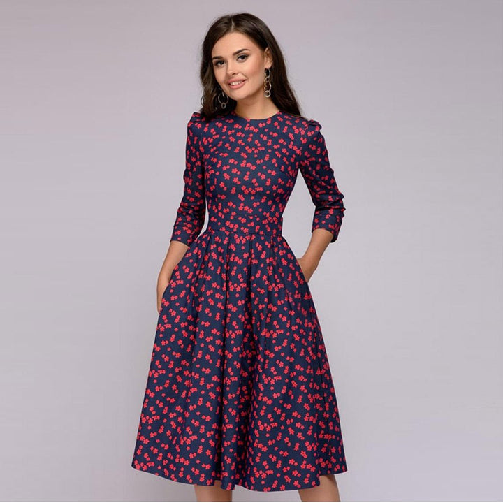 Versatile women's 3/4 sleeve midi dress. Retro A-line design, great for office, events, or casual.