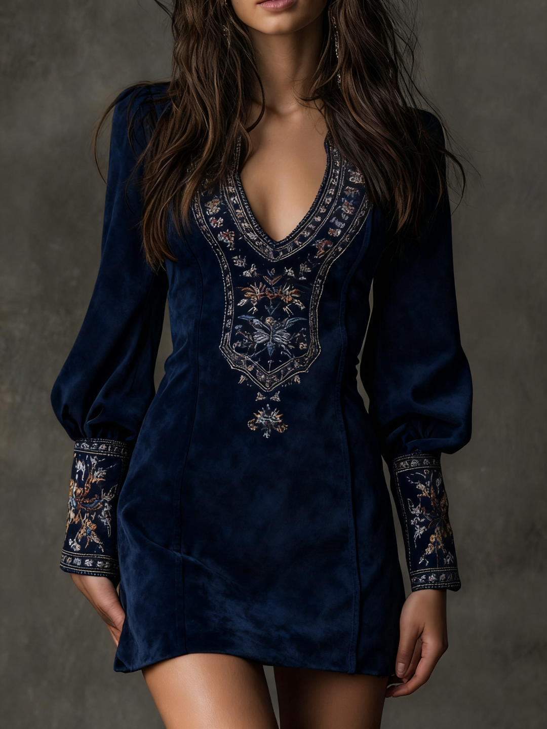 Chic women's retro mini dress with elegant embroidery and V-neck, ideal for fall/winter parties.