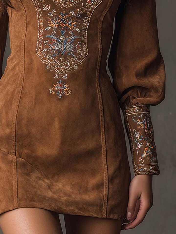 Full view of a women's retro chic embroidered mini dress, highlighting its elegant design and short length.