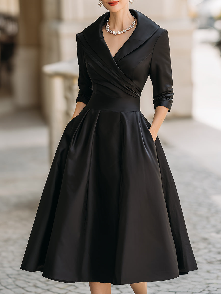 Women's retro draped collar midi dress, perfect for elegant evening events & special occasions.