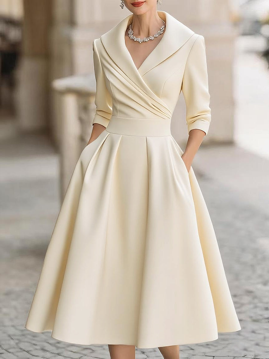 Sophisticated retro women's evening dress, midi length, featuring a chic draped neckline.